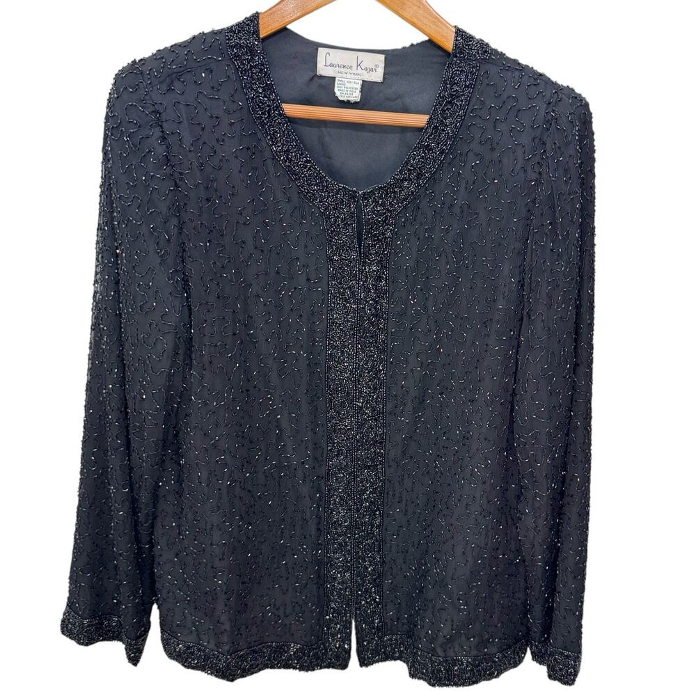 Vintage Laurence Kazar Silk Beaded Sequin Evening Jacket Black *Size Medium